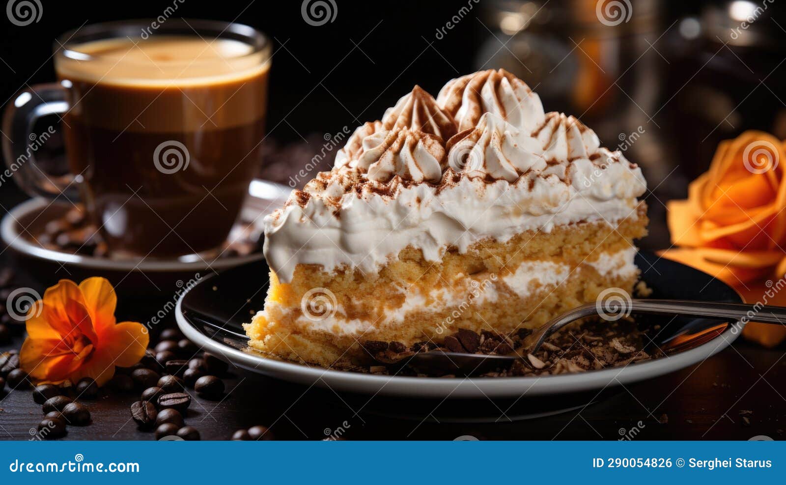 A Piece of Cake with Whipped Cream and Coffee Beans, AI Stock Photo