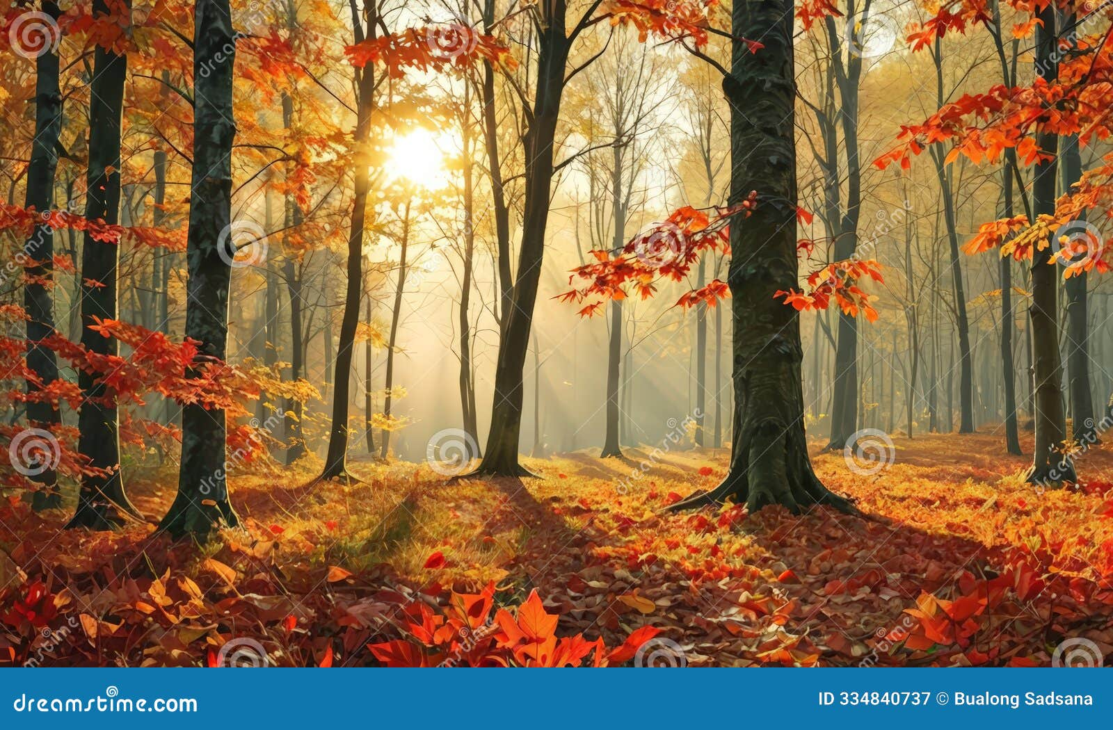 autumn forest with red leaves and sunbeams