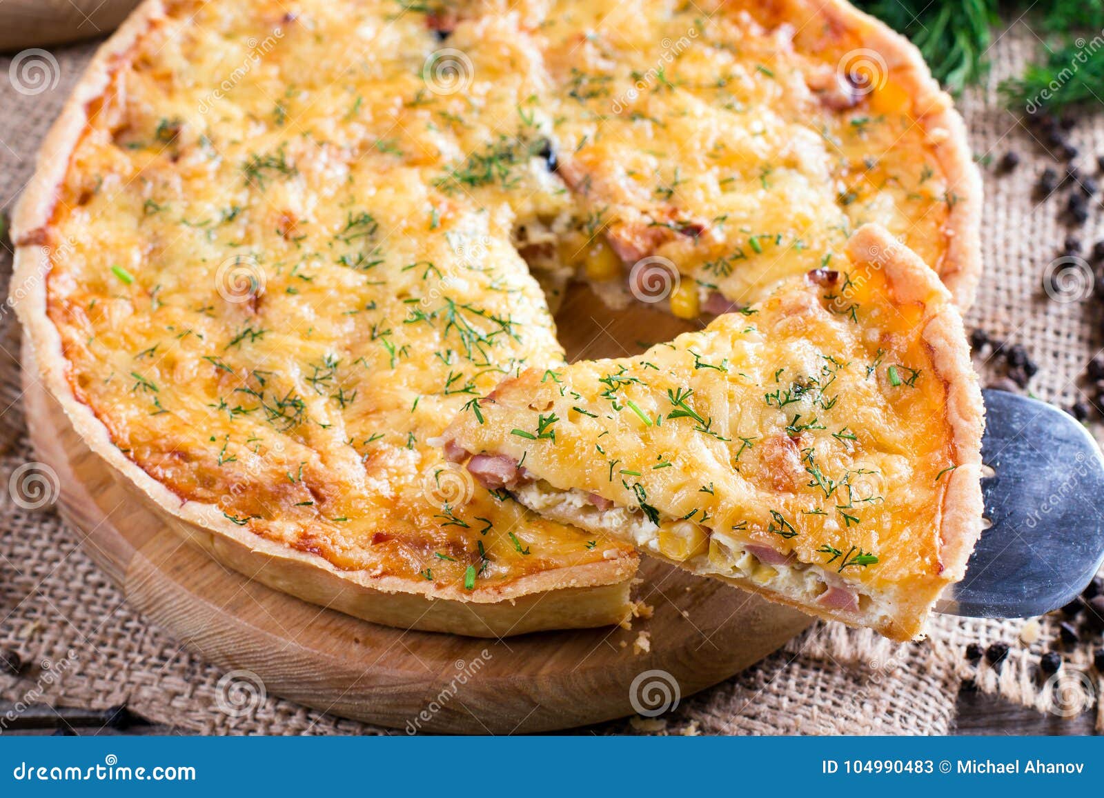 A Piece of French Quiche Lorraine on Wooden Table Stock Image - Image ...