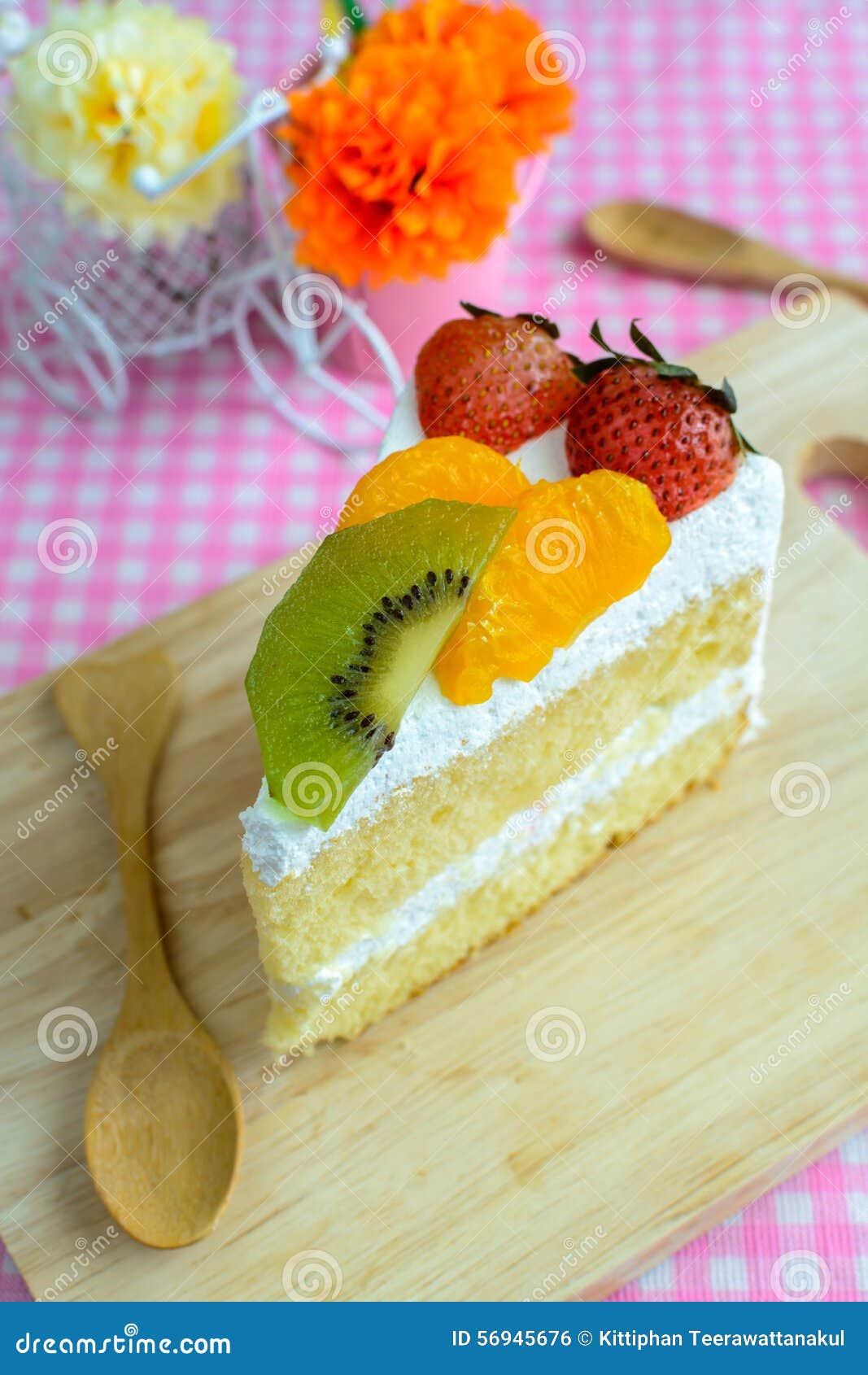 Piece of Fruit Cake with Kiwi,strawberry and Orange Stock Photo Image