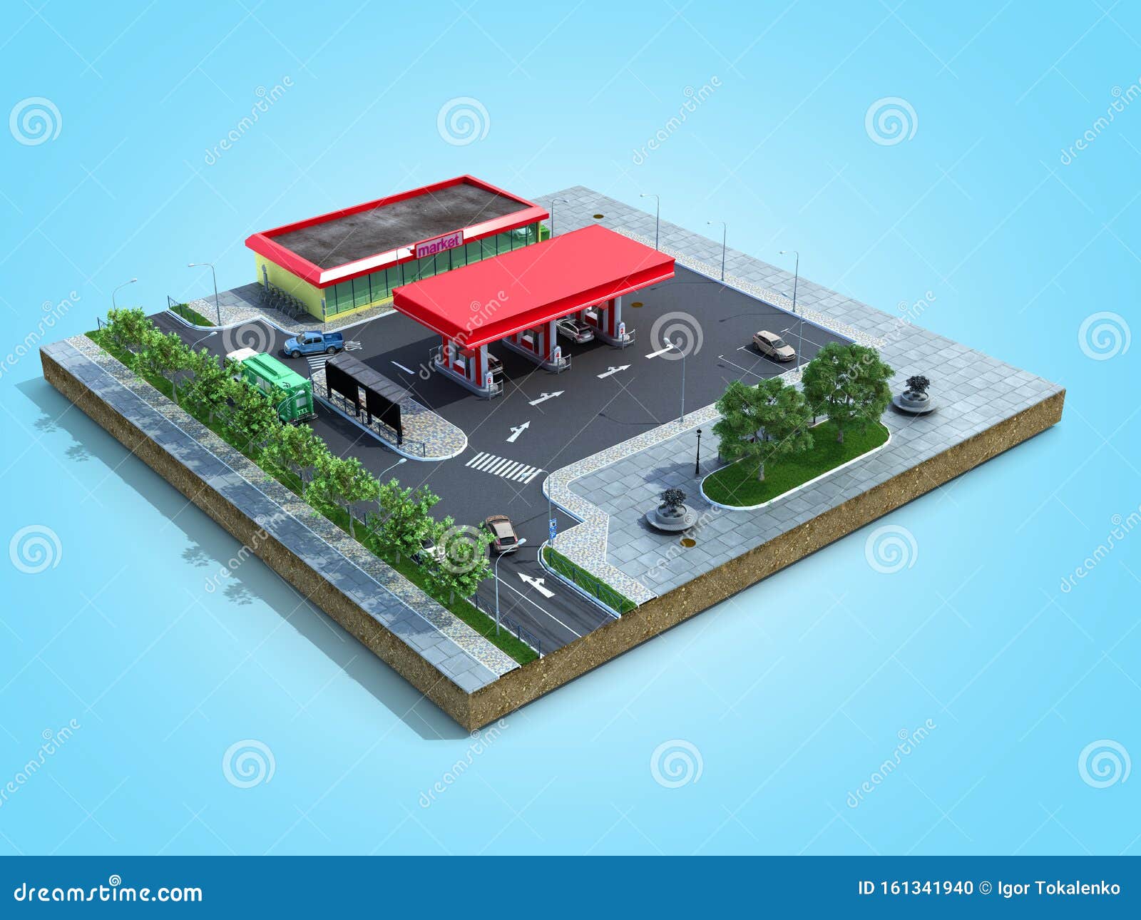 Piece of Land Gas Station with Parking on the Ground 3d Render on Blue Gradient Stock
