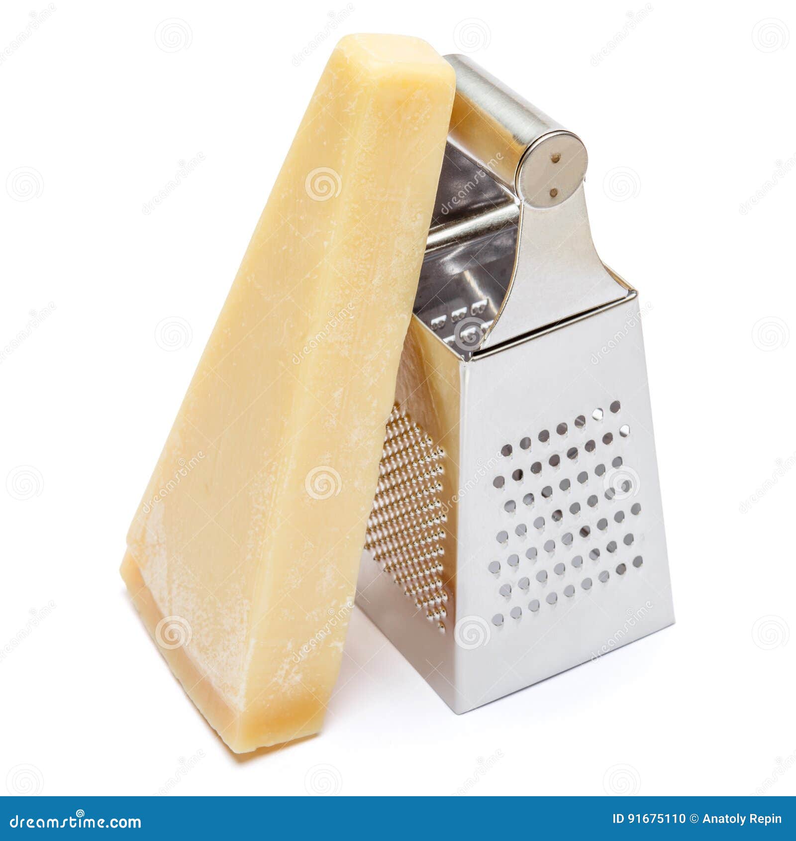 Piece of Parmesan Cheese and Grater Isolated on White Background Stock
