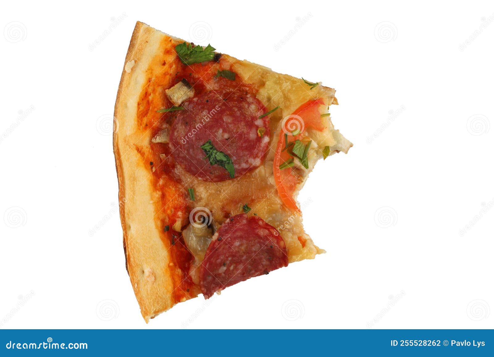 A Piece of Pizza is Bitten. Pizza with Salami and Tomatoes Isolate