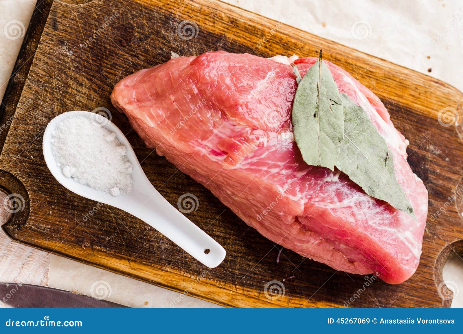 Piece of Pork on a Cutting Board, a Bay Leaf Stock Image Image of
