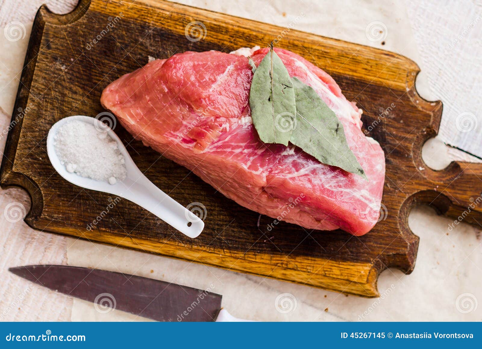 Piece of Pork on a Cutting Board, a Bay Leaf Stock Image Image of