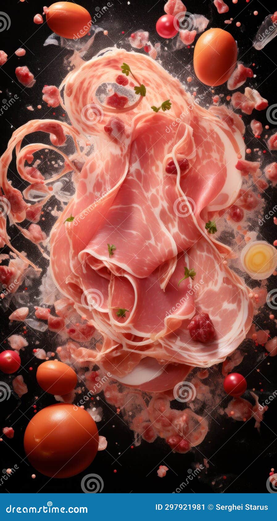A Piece of Prosciutto Meat is Being Thrown Around by a Black Background