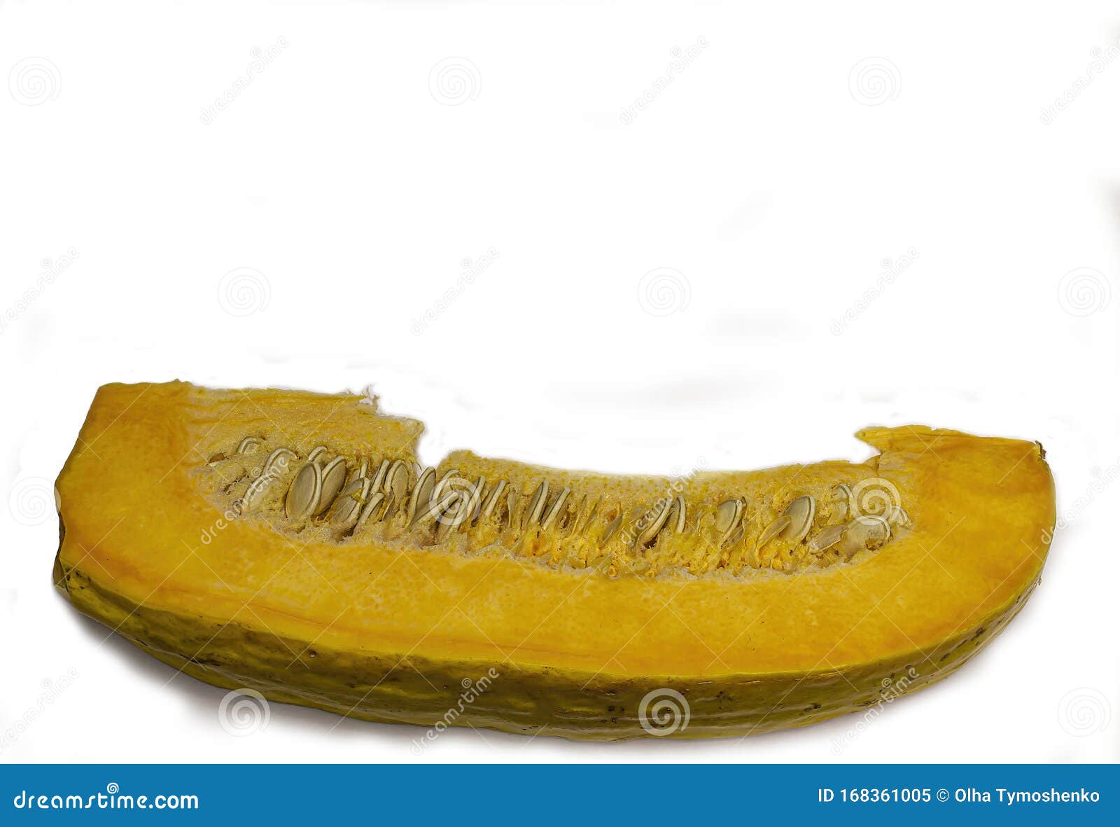 a piece of pumpkin, side view on a white background, isolate closeup