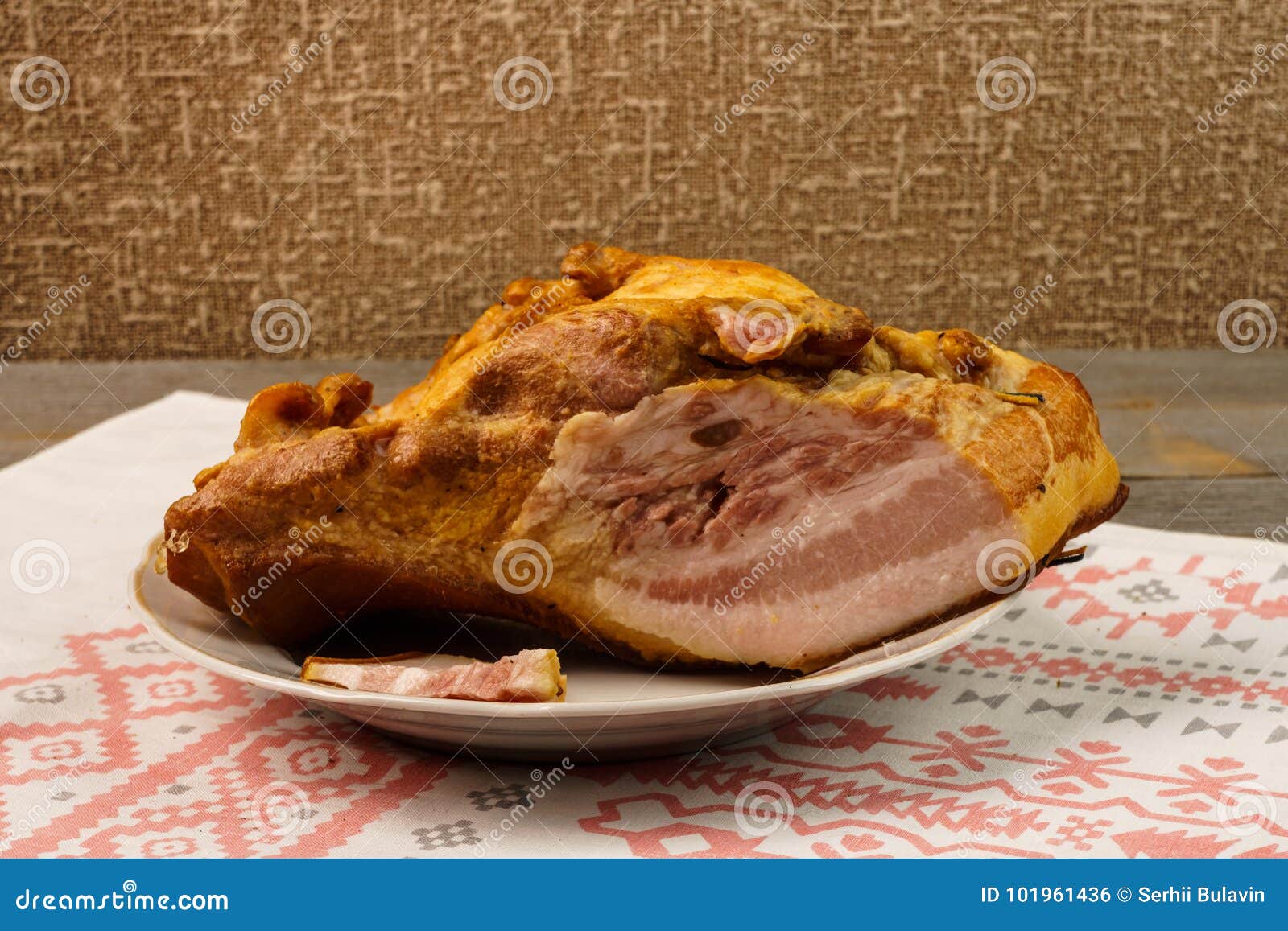 A Piece of Smoked Beef in a Dish on a Towel. Stock Photo - Image of ...