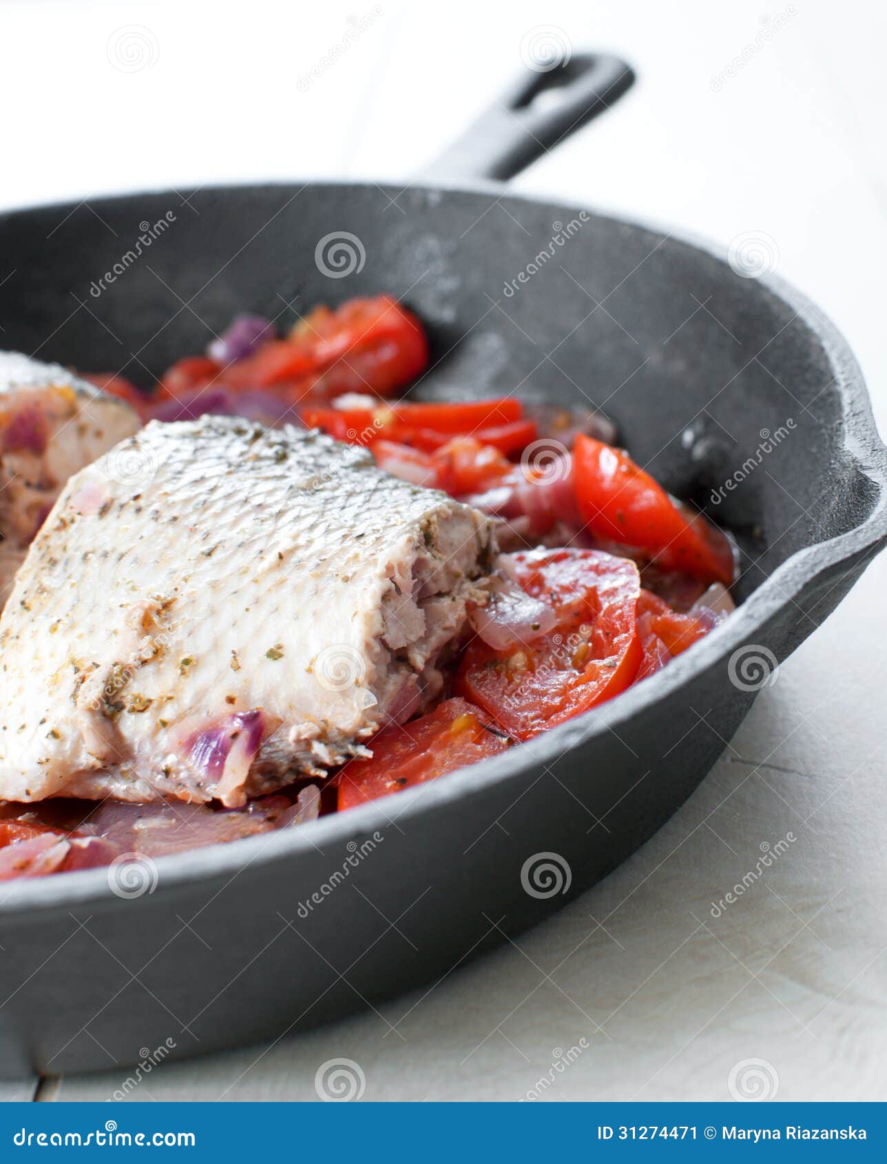 Piece of Striped Bass Fried with Tomatoes Stock Image Image of