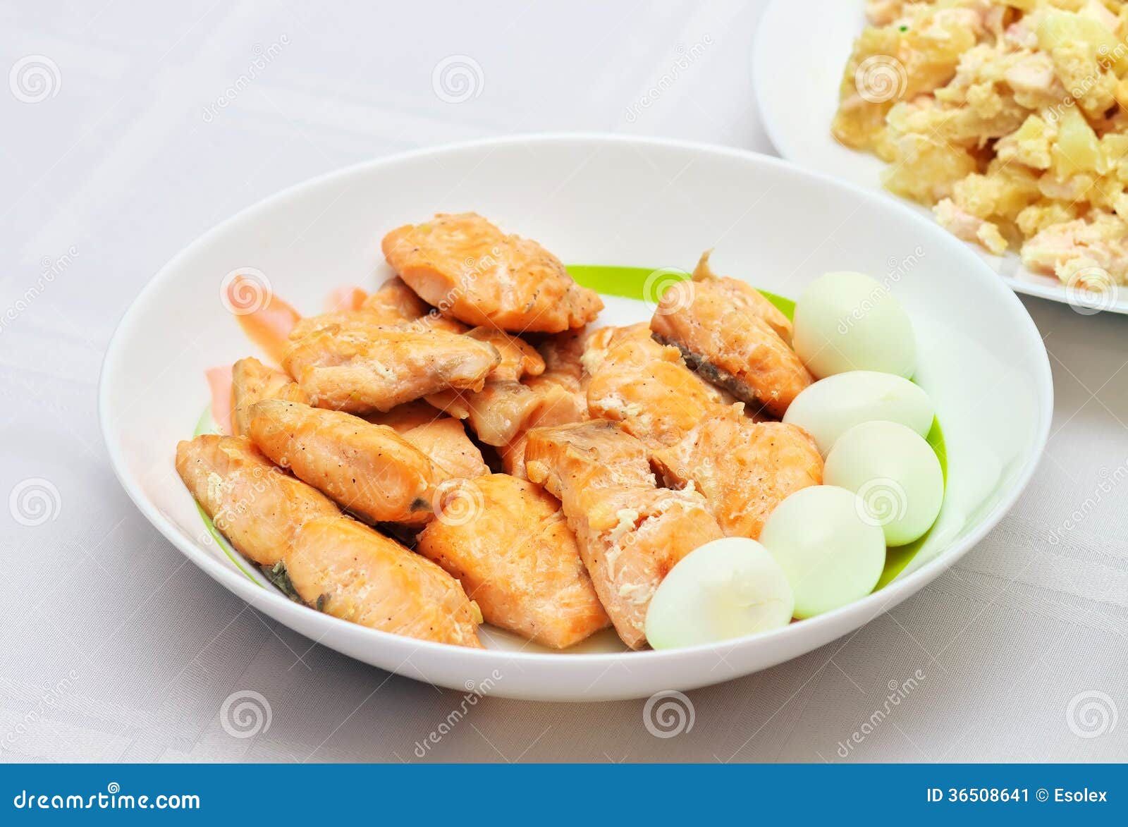 Pieces of Baked Red Fish and Cooked Quail Eggs Stock Image Image of