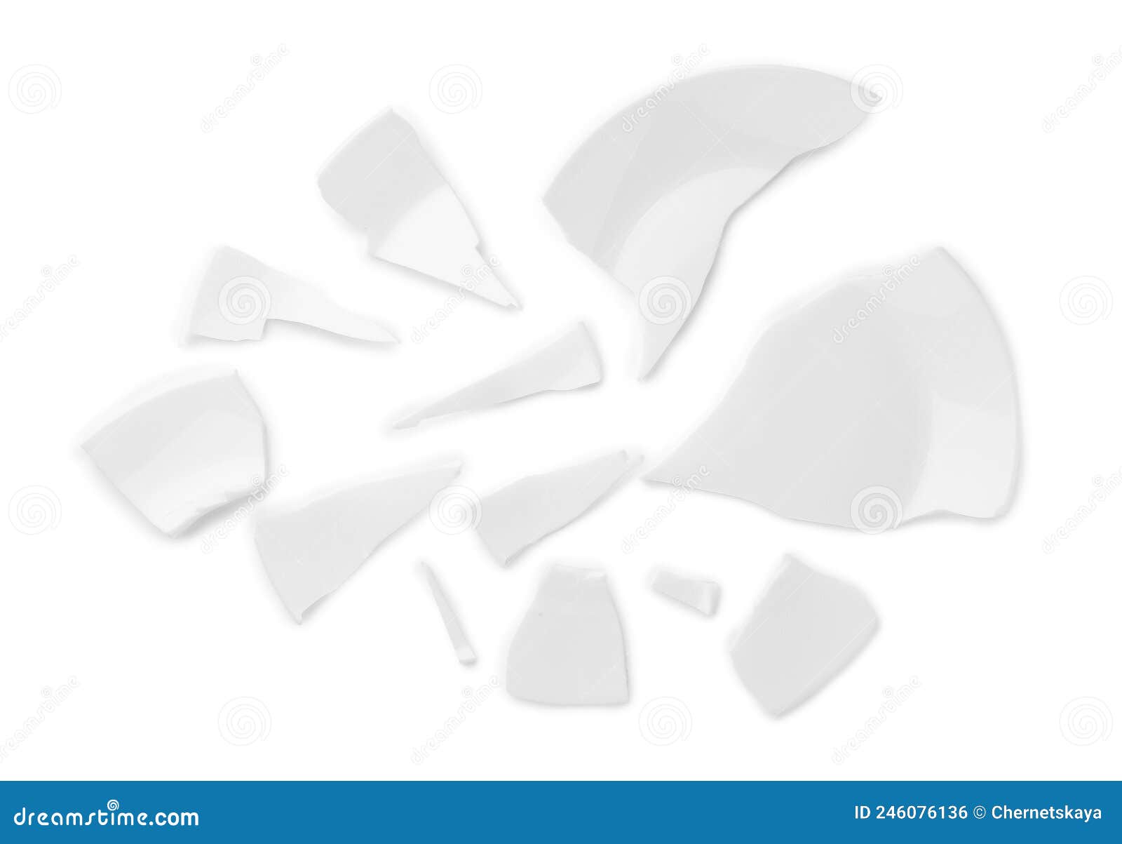 Pieces of Broken Ceramic Plate on White Background, Top View Stock