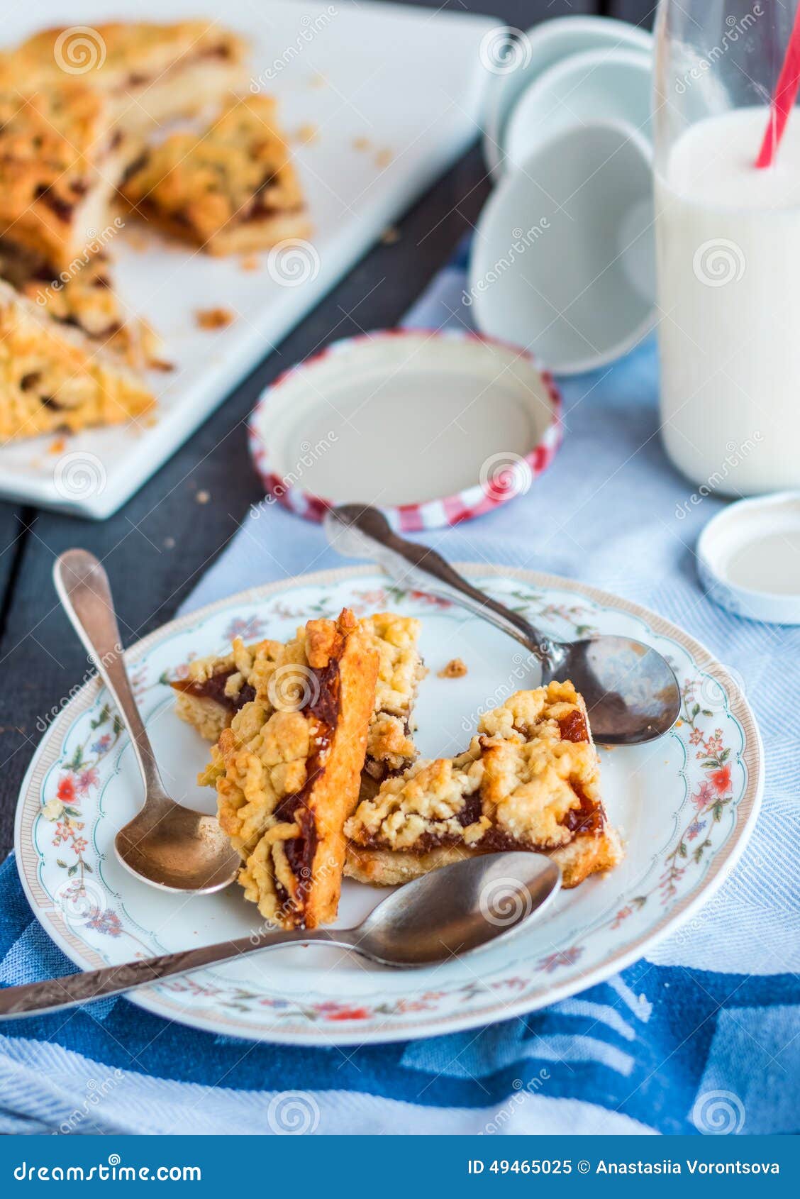 Pieces of cake on a shortcrust pastry with orange jam and milk,dessert