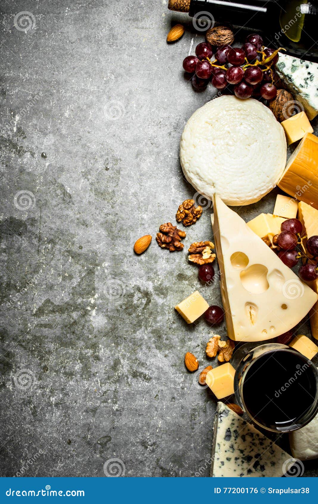 Pieces of Cheese with Red Wine and Nuts. Stock Photo Image of ingredient, bottle 77200176