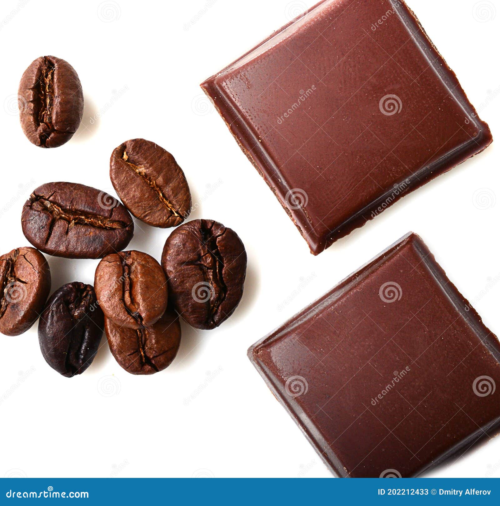 Pieces of Chocolate and Roasted Coffee Beans Isolated on White. Flat