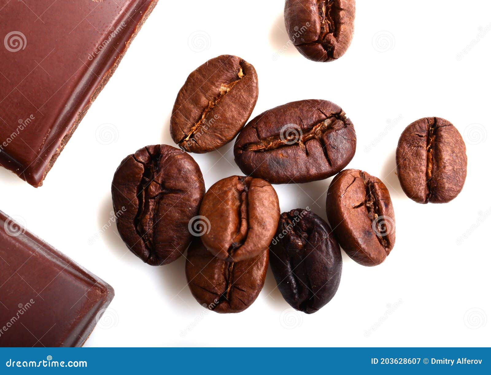 Pieces of Chocolate and Roasted Coffee Beans Isolated on White. Flat