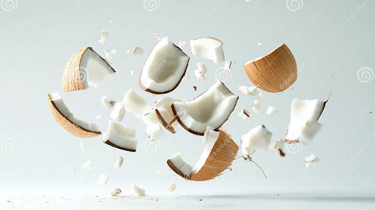 Pieces of Coconut Exploding and Levitating on White Background Stock ...