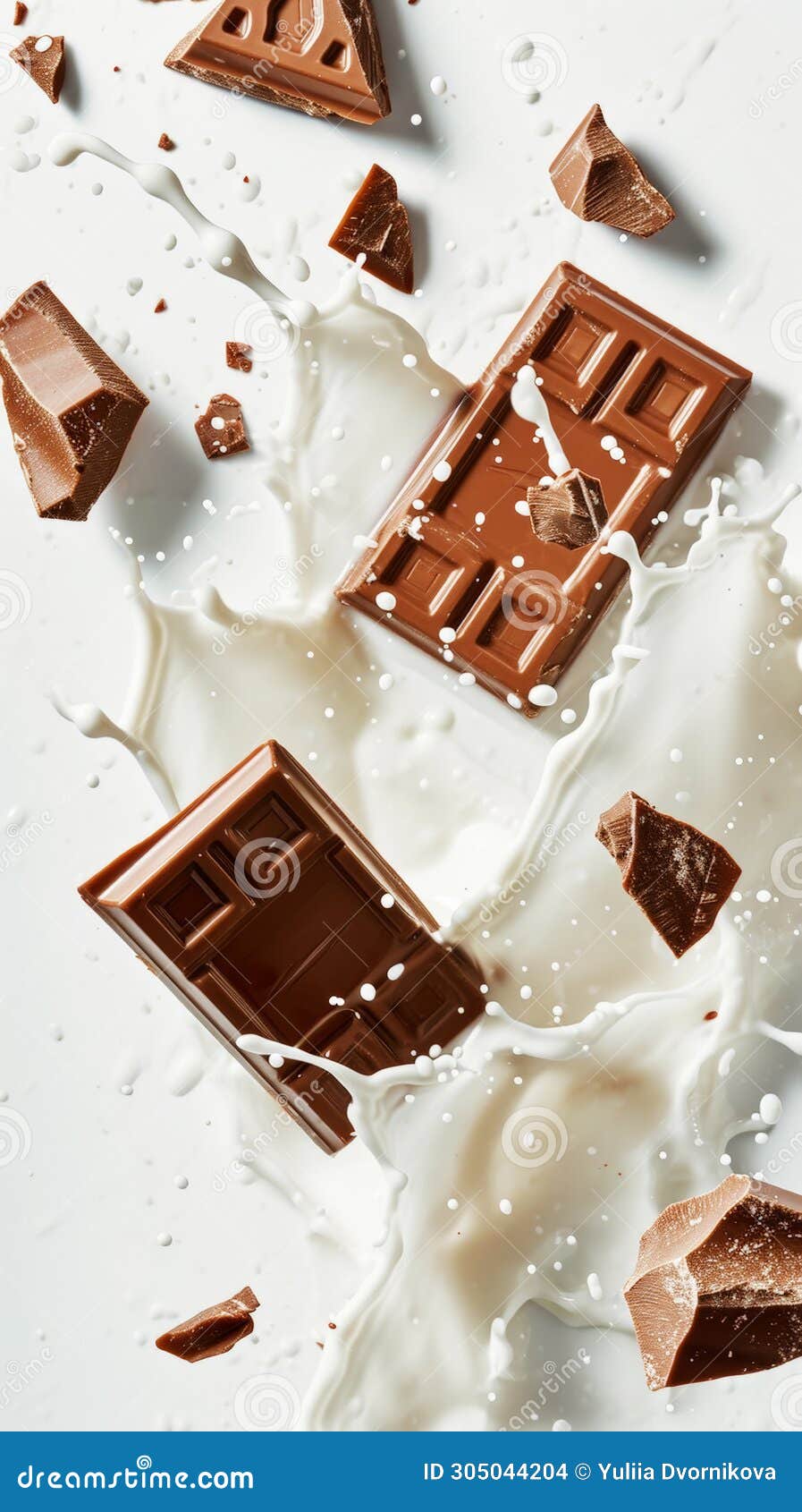 pieces of delicious broken chocolate float in splashes of milk. dinamyc white background. food concept. generative ai