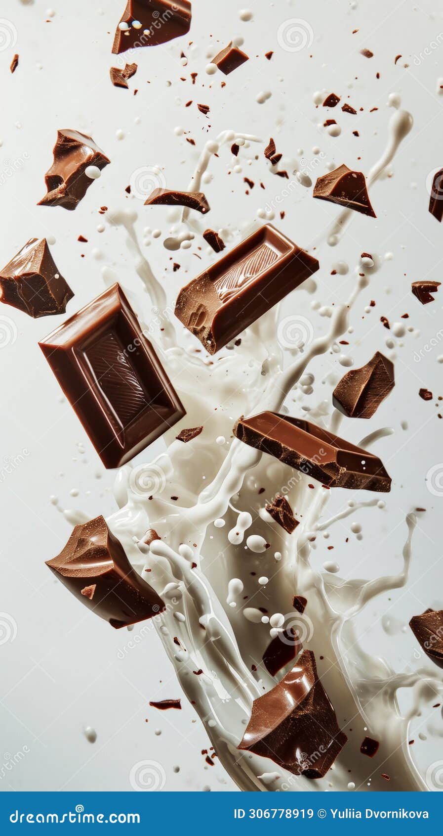 pieces of delicious broken chocolate float in splashes of milk. dinamyc white background. food concept. generative ai