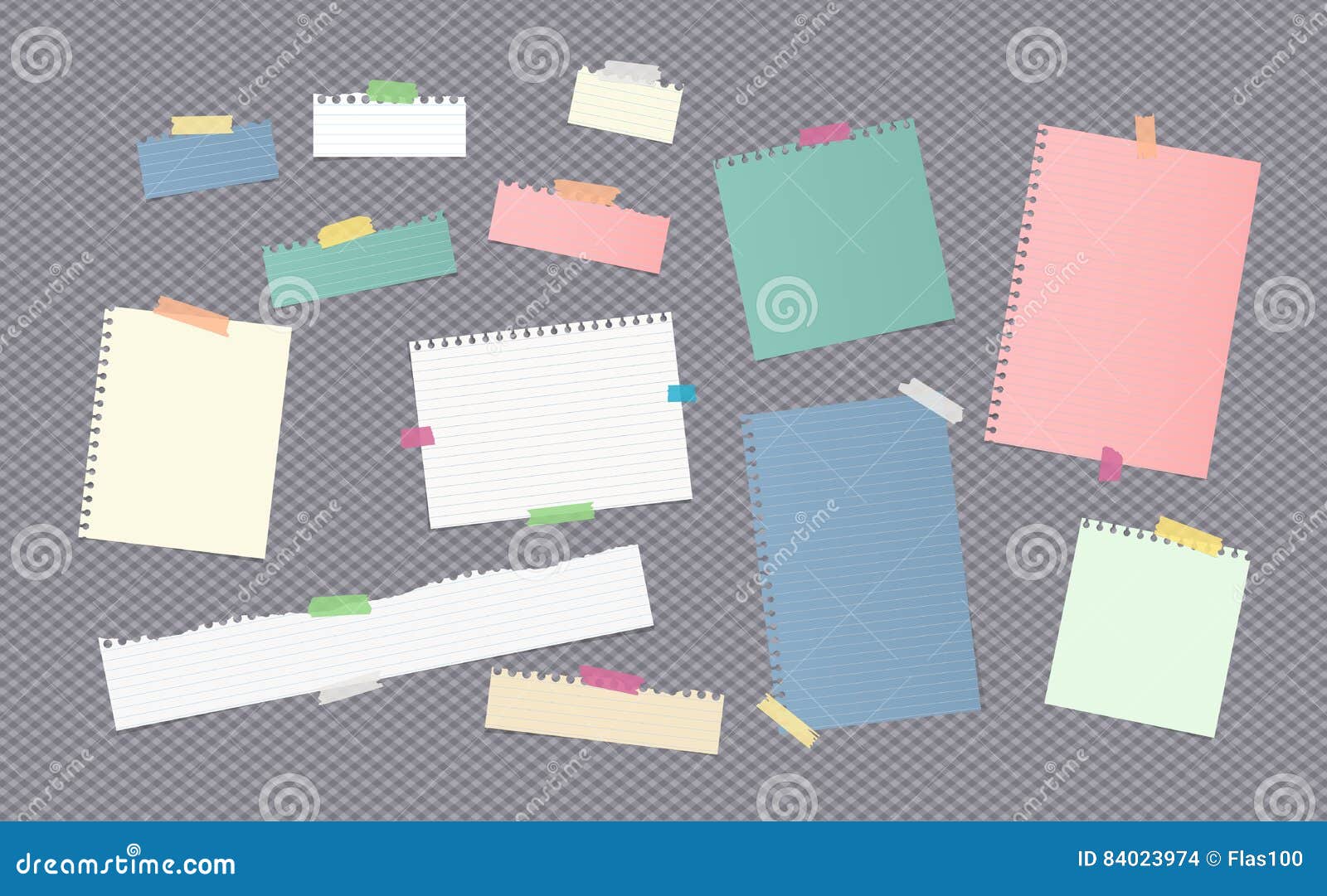 pieces of different size colorful note, notebook, copybook paper sheets stuck with sticky tape on gray background