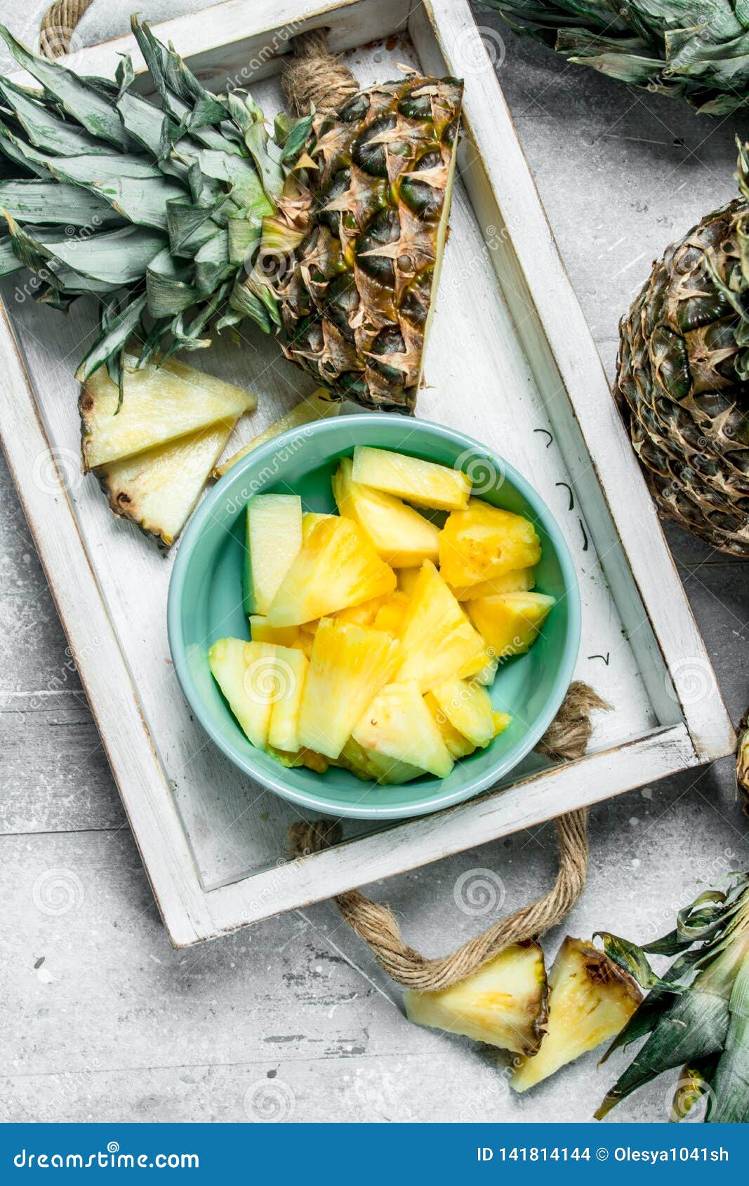 Pieces of Fresh Pineapple in a Bowl on Tray Stock Photo Image of