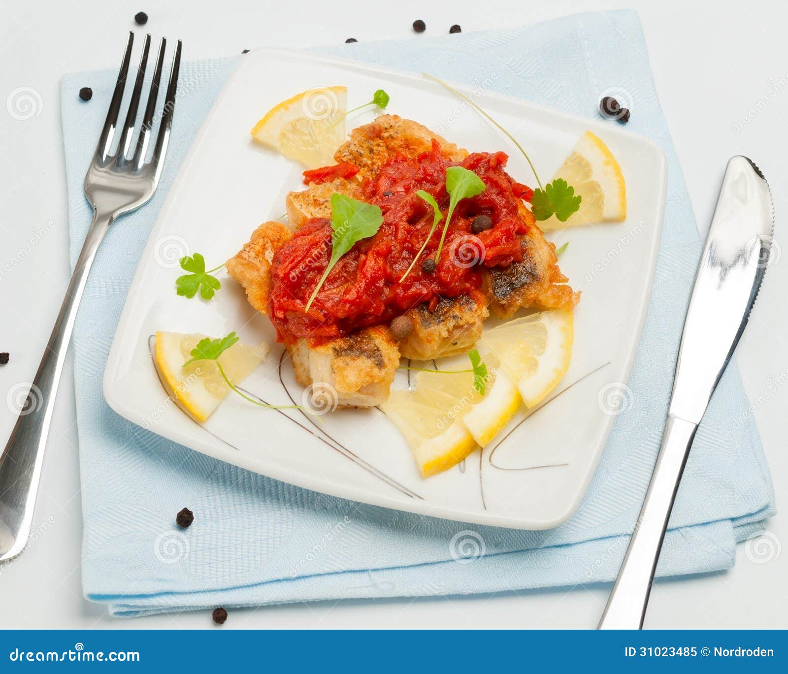 Pieces of Fried Fish with Vegetable Marinade. Stock Image Image of