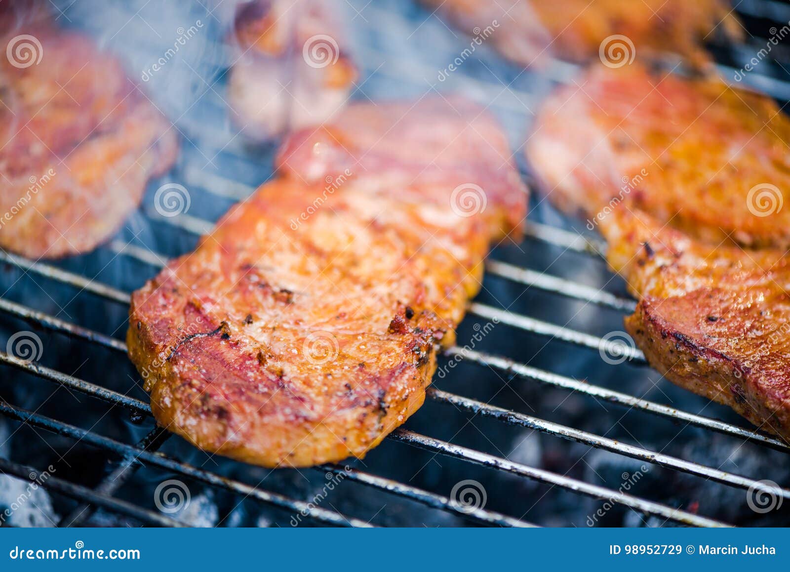 Pieces of Meat Grilling on Hot BBQ Grid Stock Image Image of roasted