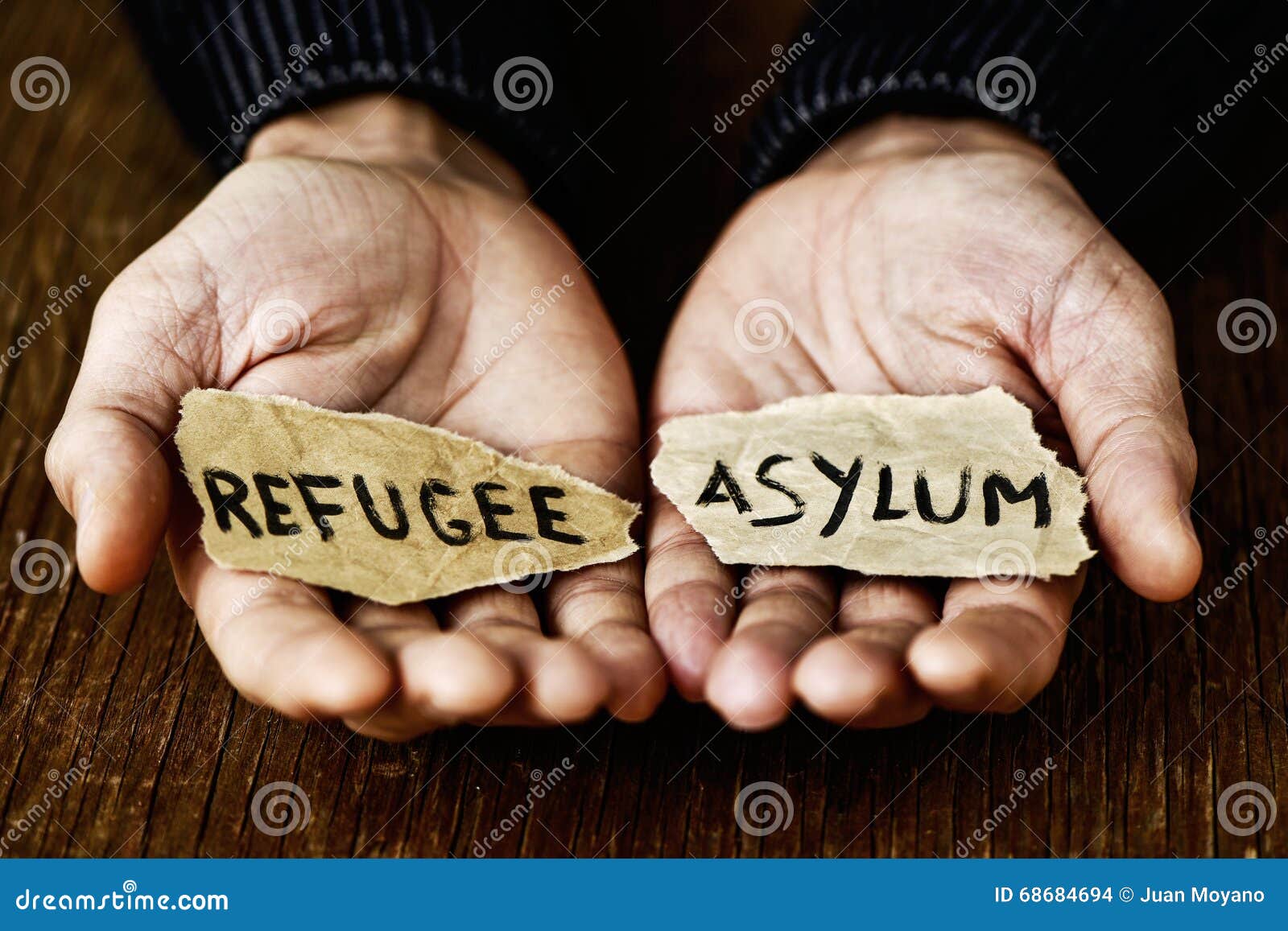 pieces of paper with words refugee and asylum