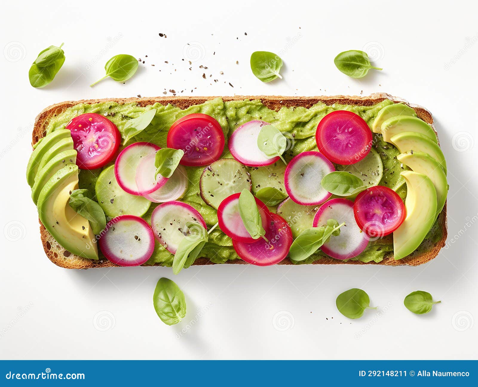 Pieces of Radishes on a Rectangular Slice of Bread Spread with Avocado