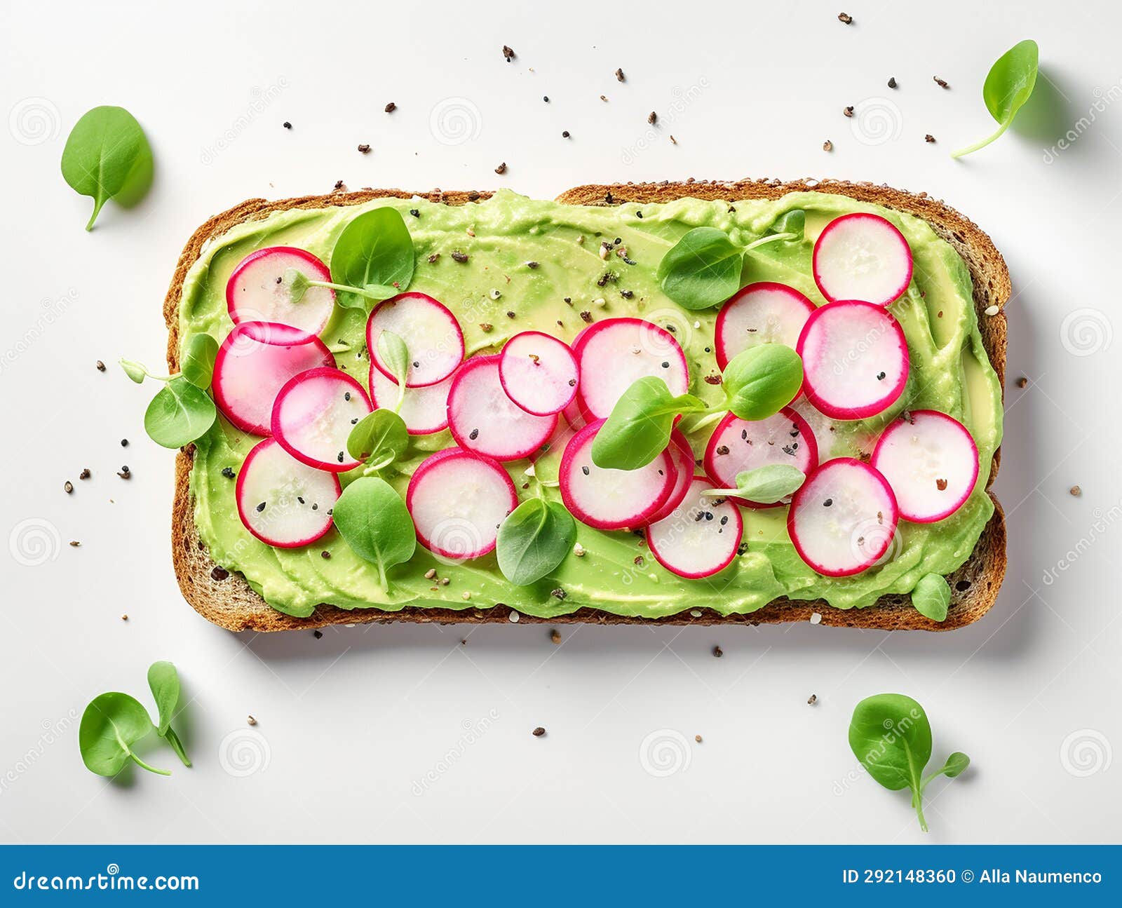 Pieces of Radishes on a Rectangular Slice of Bread Spread with Avocado