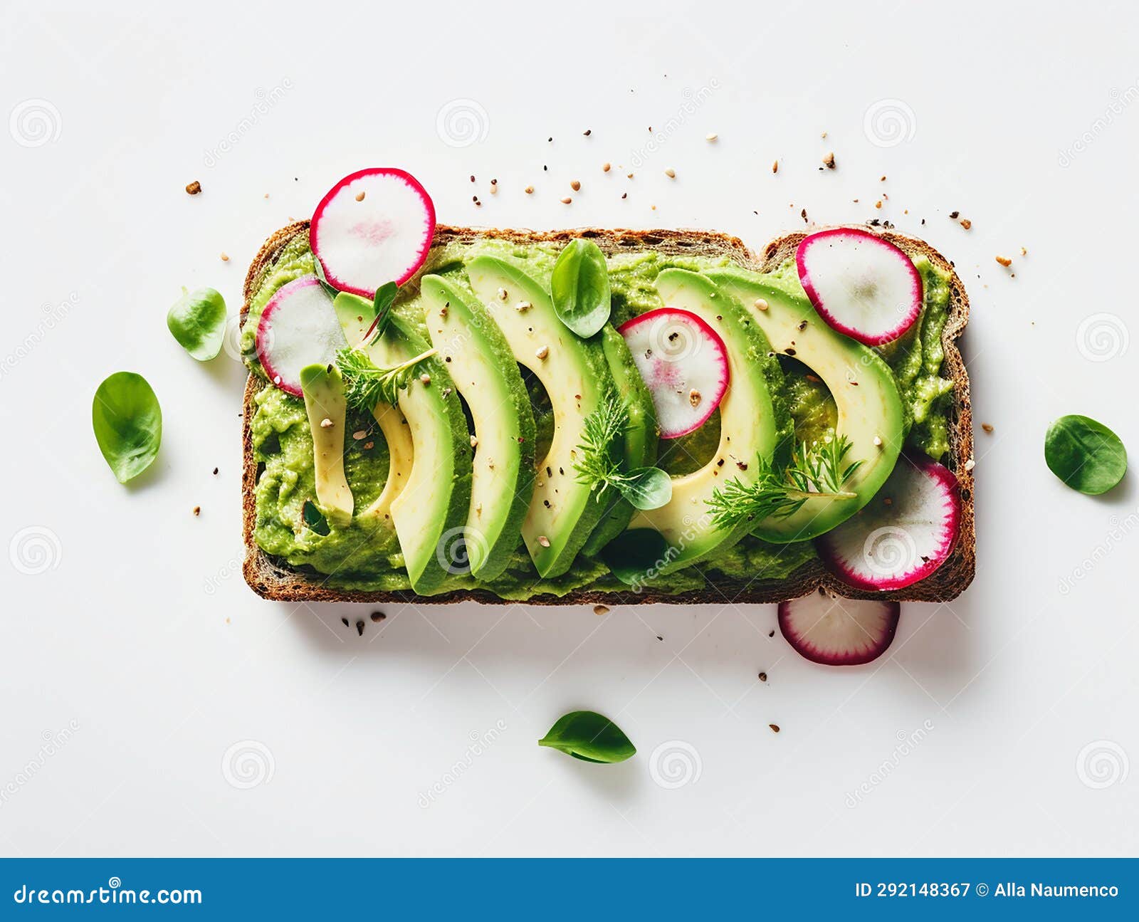 Pieces of Radishes on a Rectangular Slice of Bread Spread with Avocado