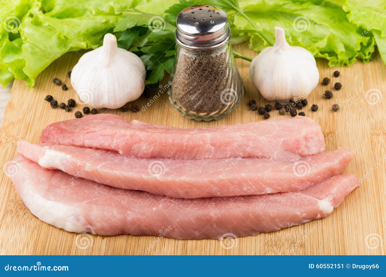 Pieces of Raw Pork on Board, Greens, Garlic Stock Image Image of