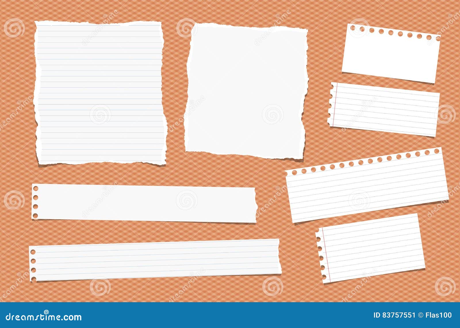 pieces of ripped different size white note, notebook, copybook paper sheets