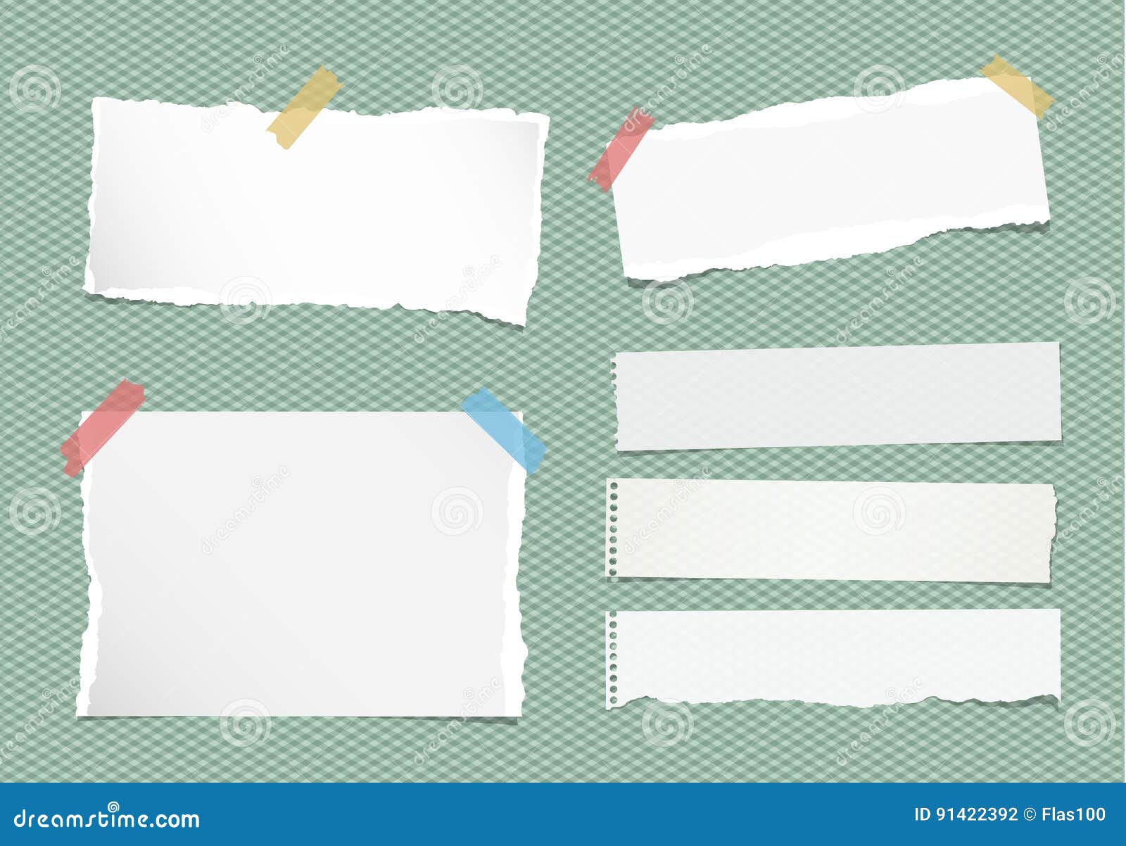 pieces of ripped white note, notebook, copybook paper sheets stuck with colorful sticky tape on squared green background