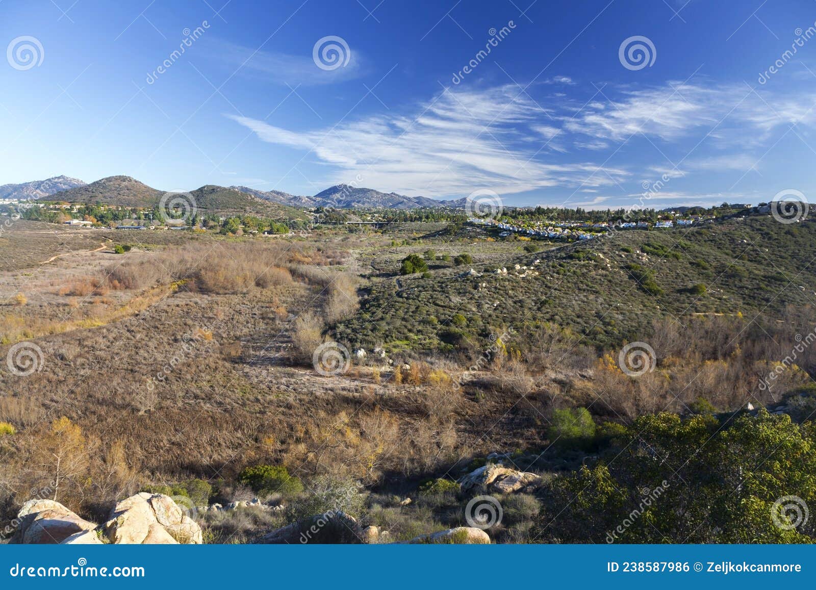scenic landscape view of san dieguito river park, green marsh and lake hodges