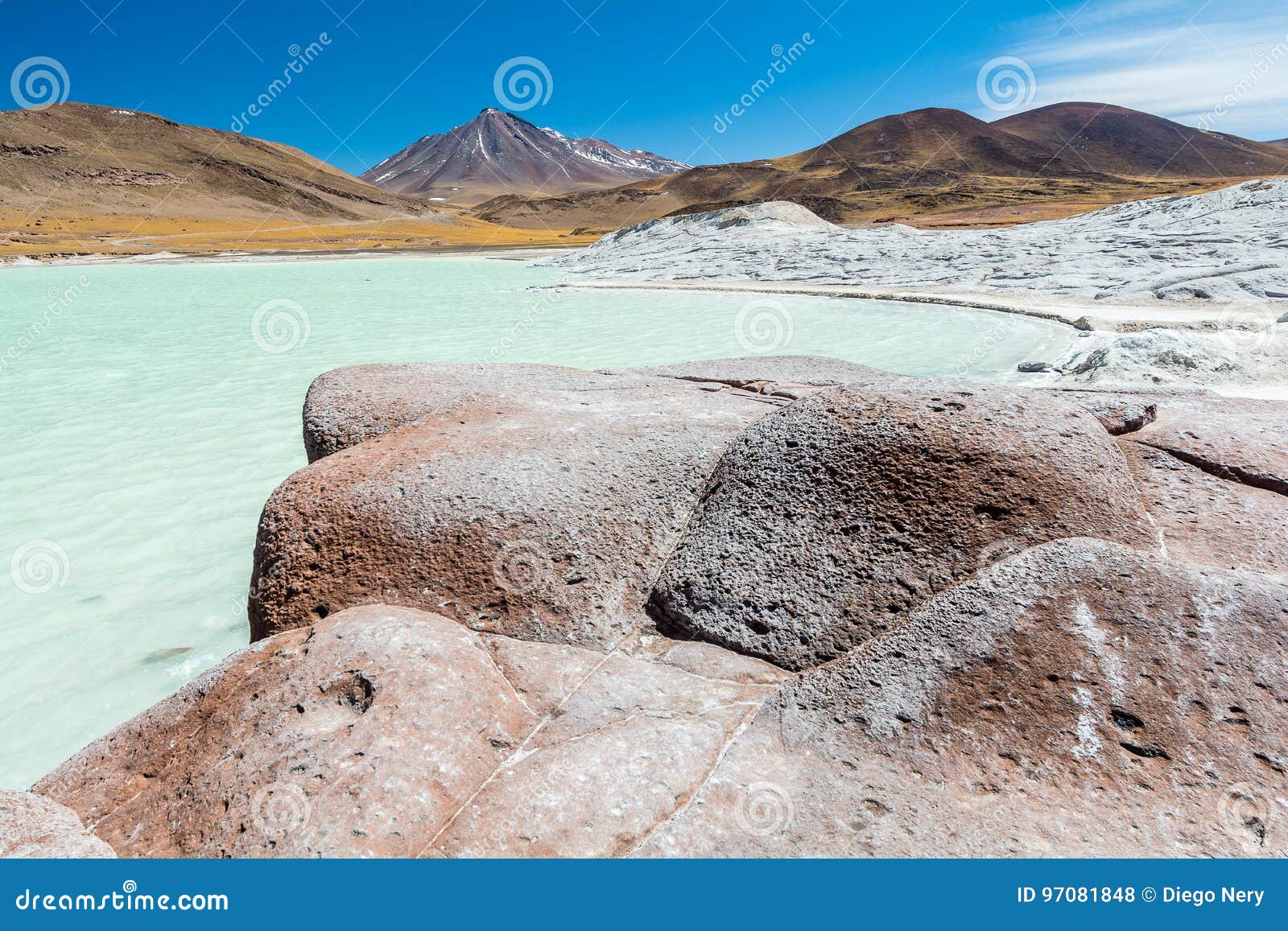 piedras rojas, volcano, snow, mountain, rocks, lake, white sand, turquoise water