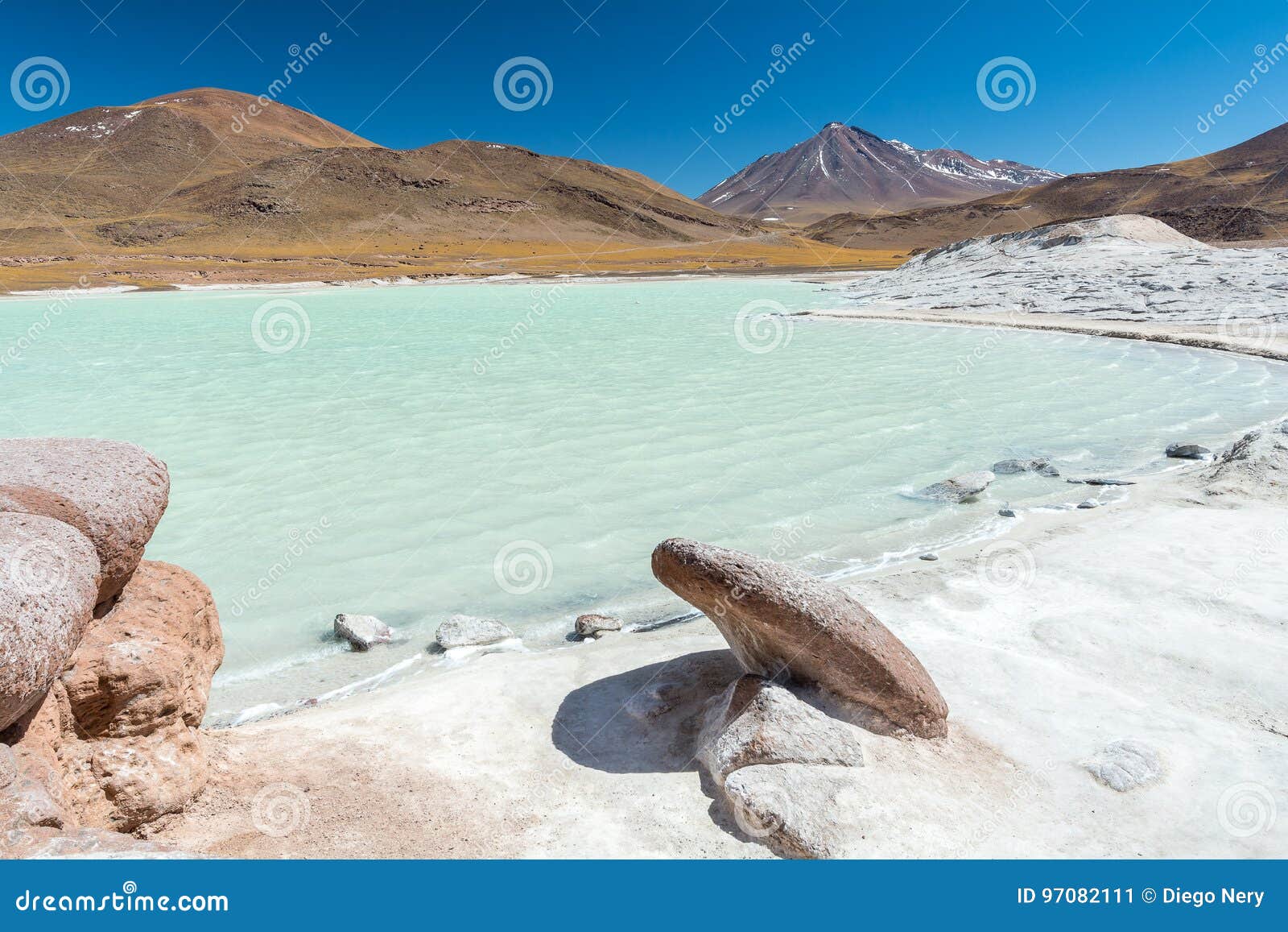 piedras rojas, volcano, snow, mountain, rocks, lake, white sand, turquoise water
