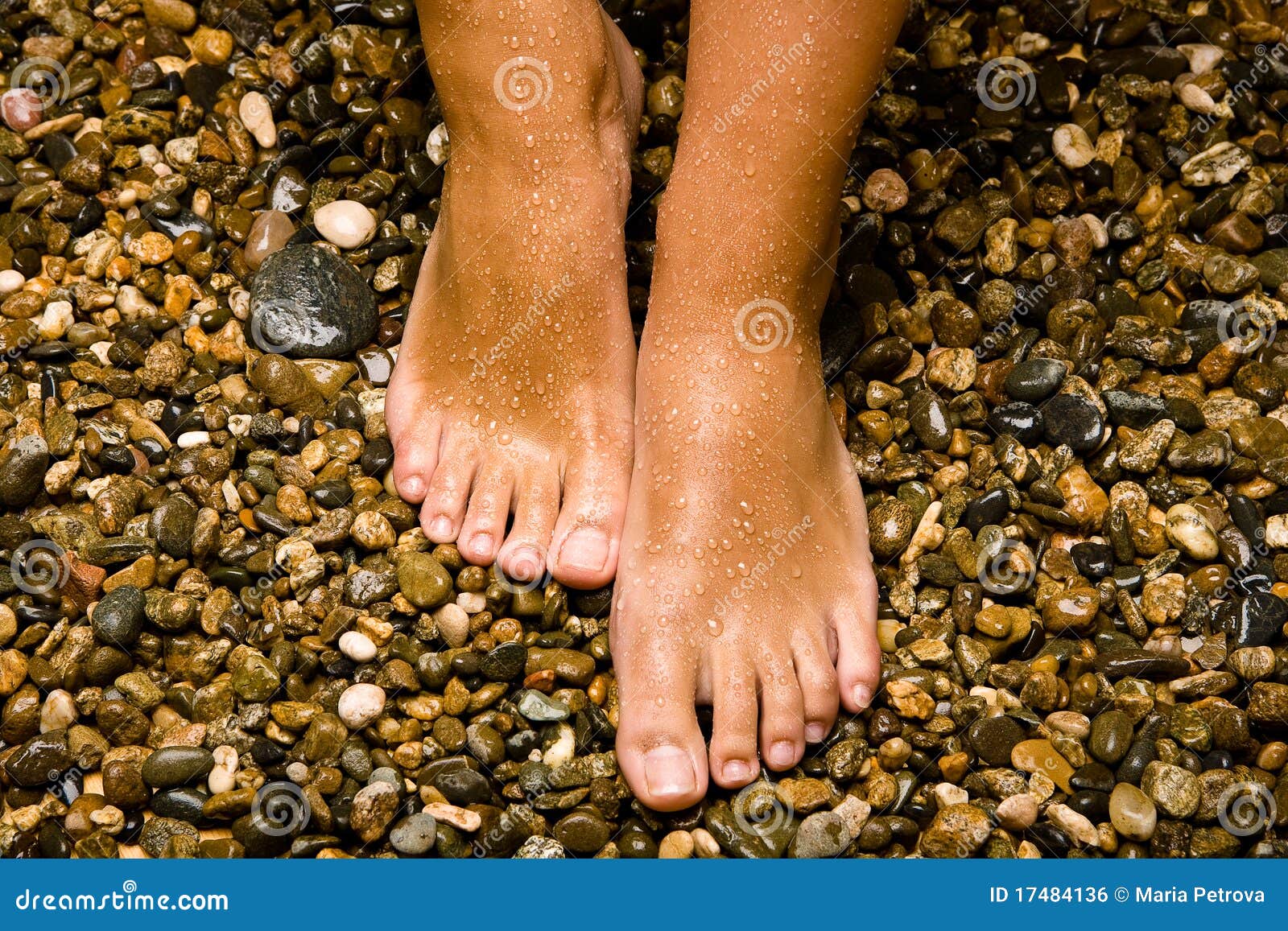 Pieds bronzés sur des pierres. Pieds humides bronzés sur les pierres