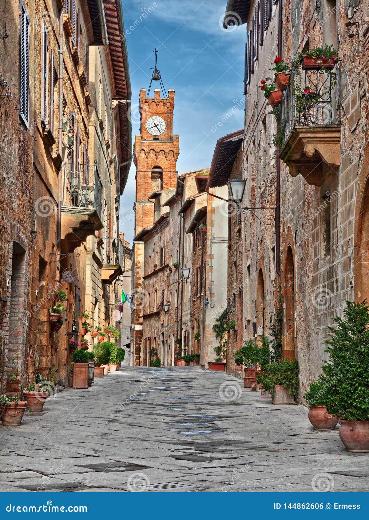 pienza, siena, tuscany, italy: the picturesque main street of the city