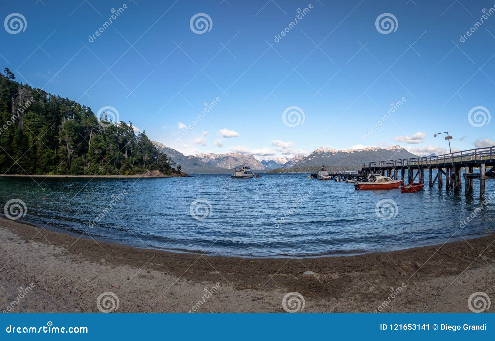 pier dock in bahia mansa bay at nahuel huapi lake - villa la angostura, patagonia, argentina