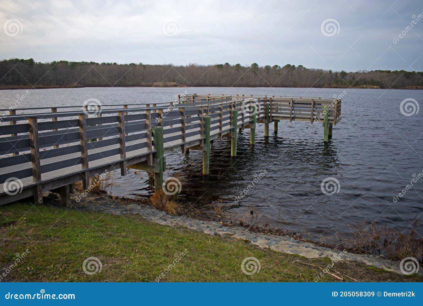 Pier at Helmetta Lake 04 stock image. Image of trees 205058309