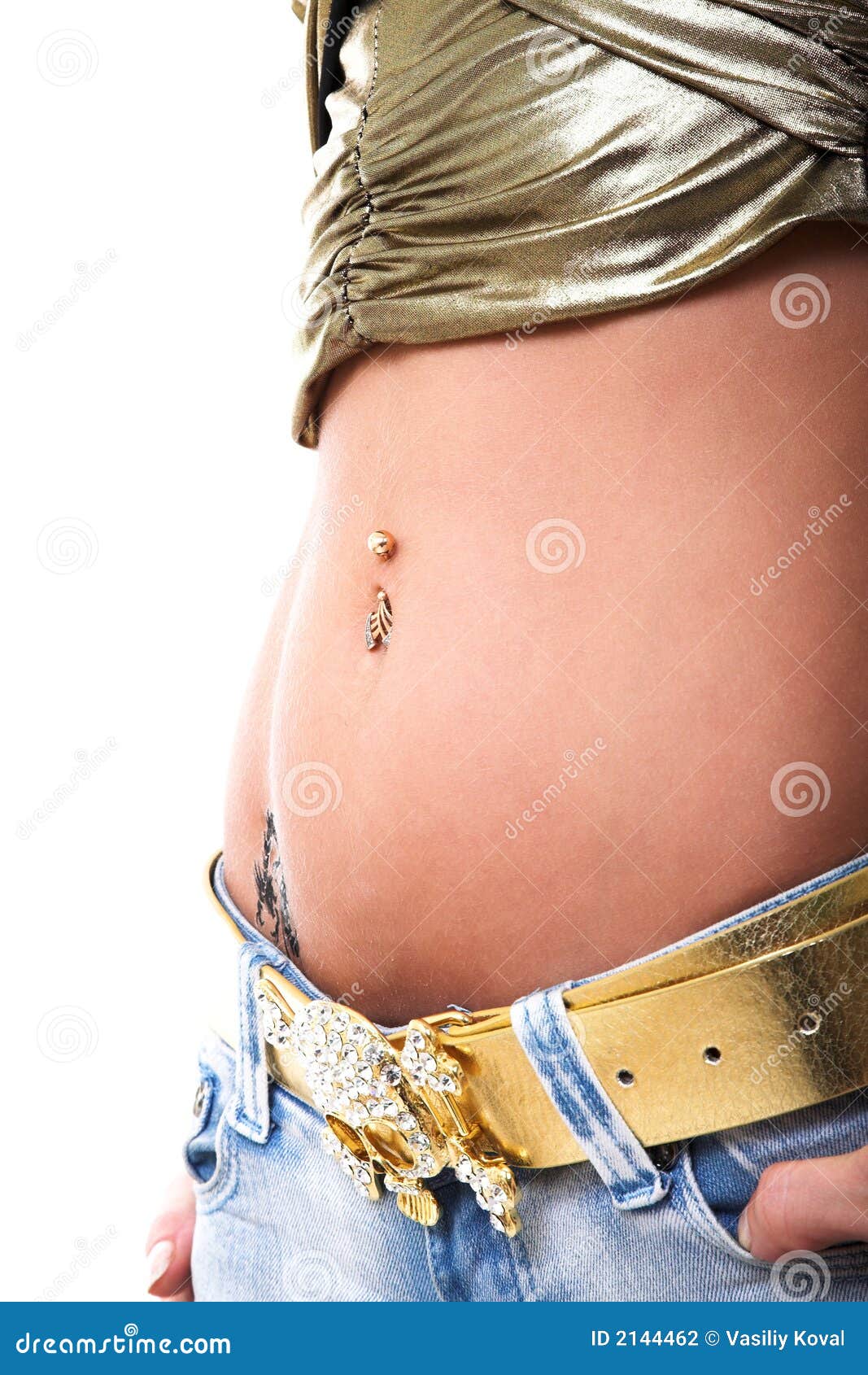 Side View Of Pregnant Belly With Peircing Stock Photo - Download