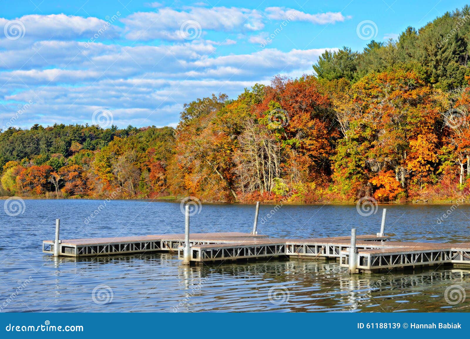 piers in lake, autumn colors