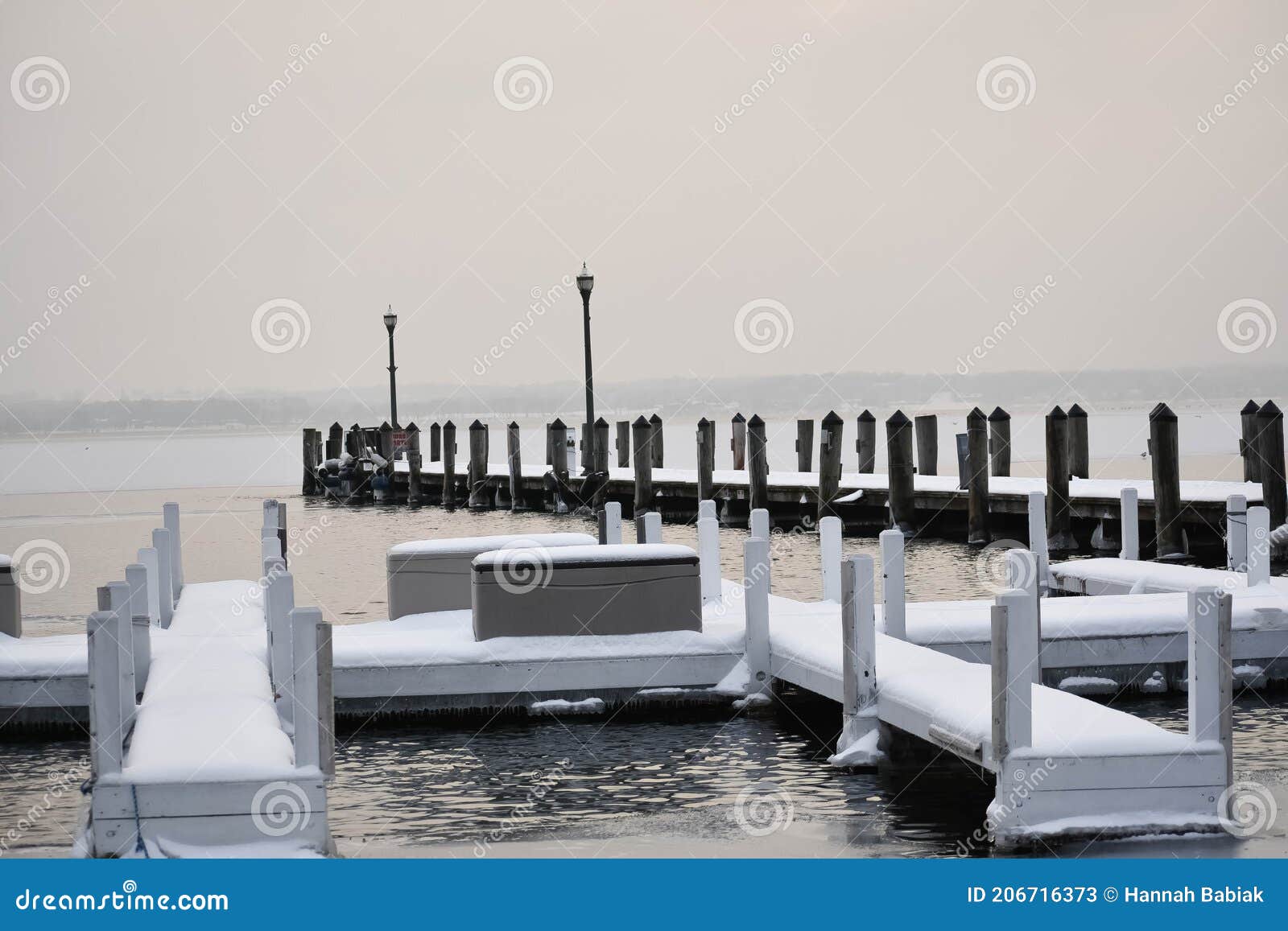 piers on lake geneva, wisconsin in winter