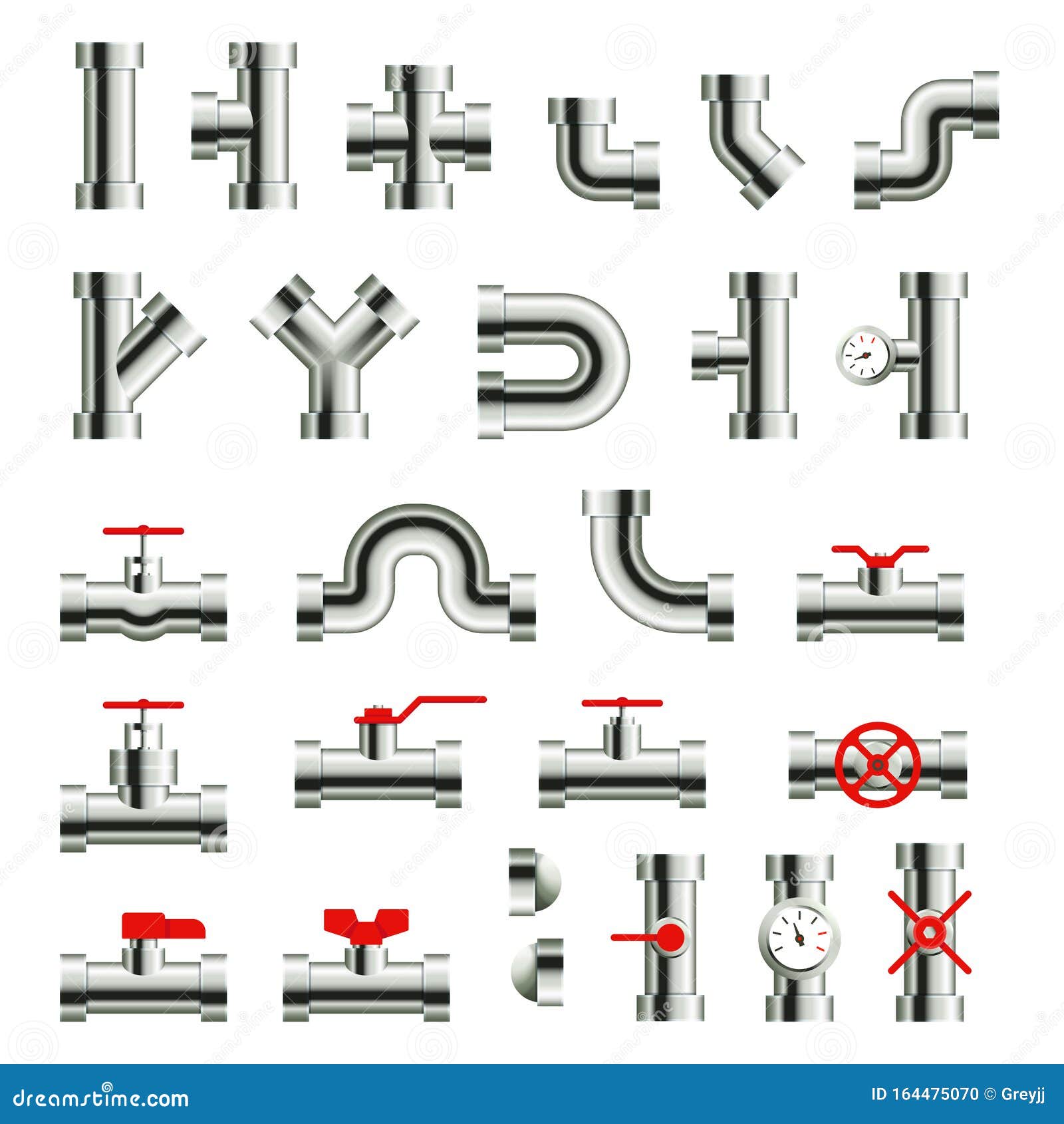 Piezas Y Tubos De Metal Aislados Accesorios, Conectores Y Válvulas De La Tubería De Acero Ilustración del Vector - Ilustración de conjunto: