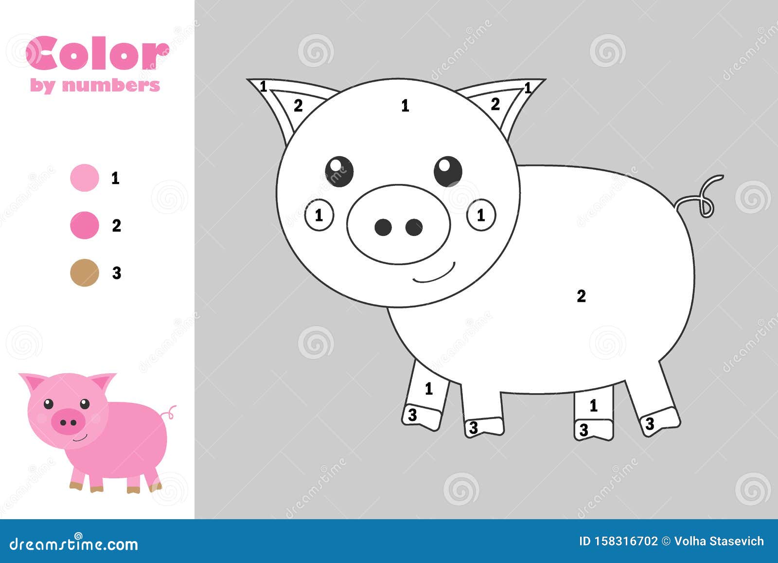 Pig In Cartoon Style, Color By Number, Education Paper Game For The