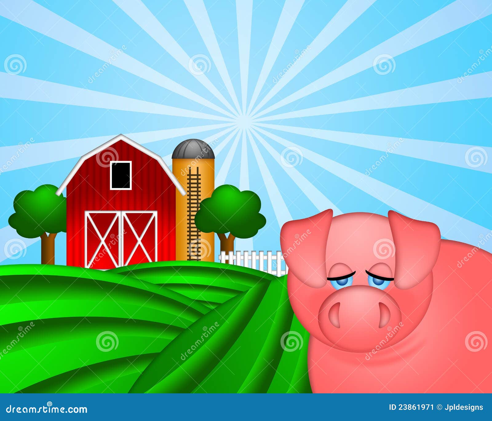 Pig on Green Pasture with Red Barn with Grain Silo Stock Illustration Illustration of pasture