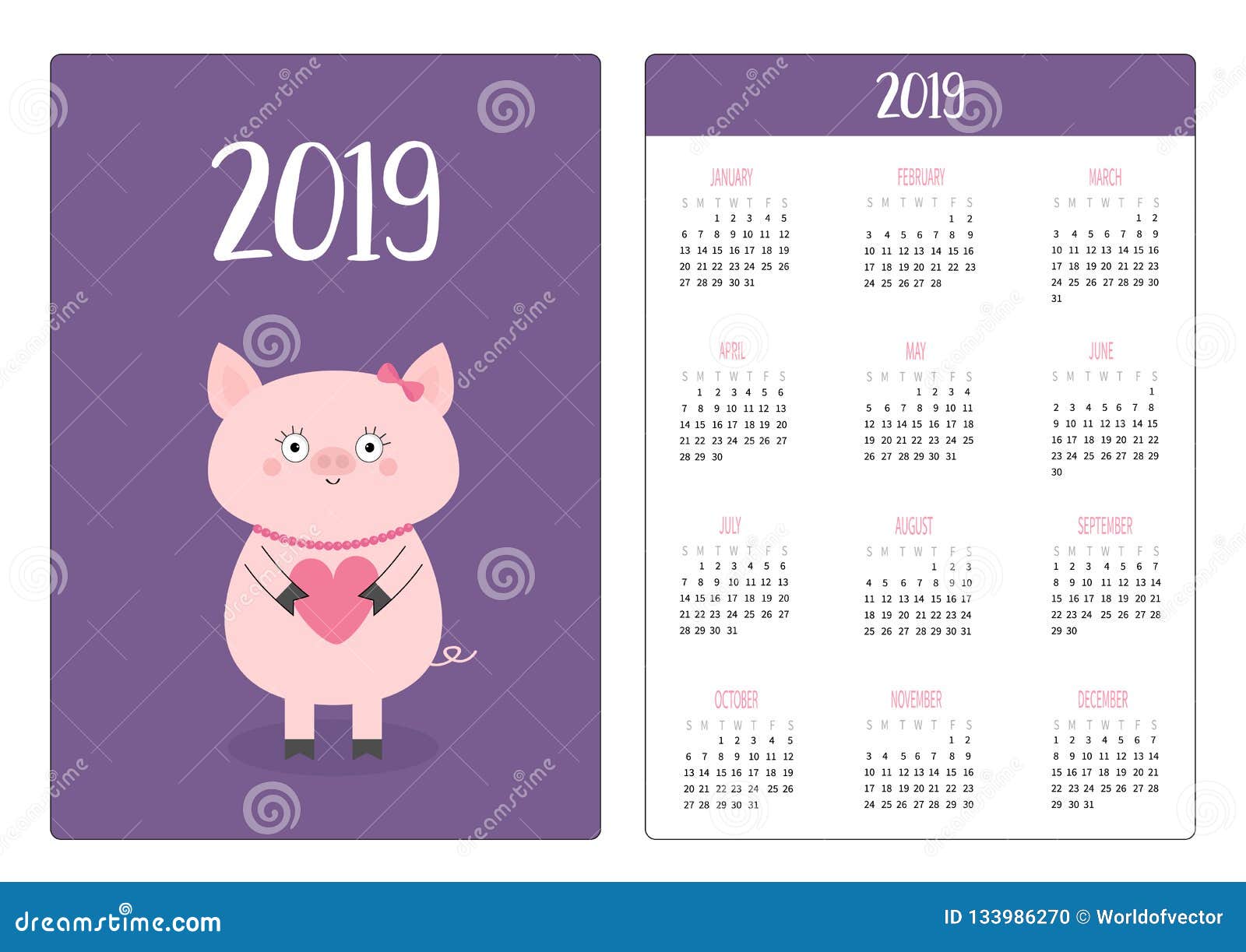 Pig Piggy And Heart Simple Pocket Calendar Layout 2019 New Year Week