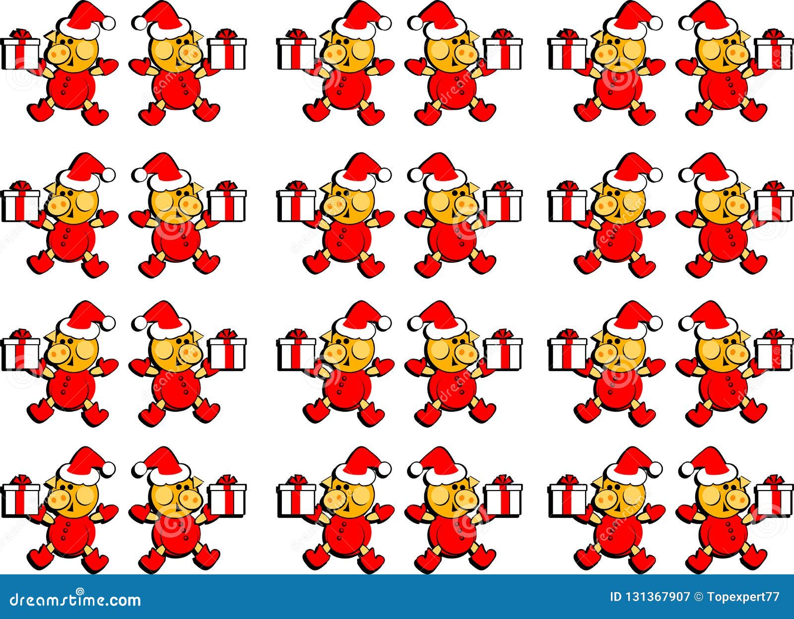 christmas  pig santa with gift, red. pattern backdrop with piggy & gifts present, ornamental background.