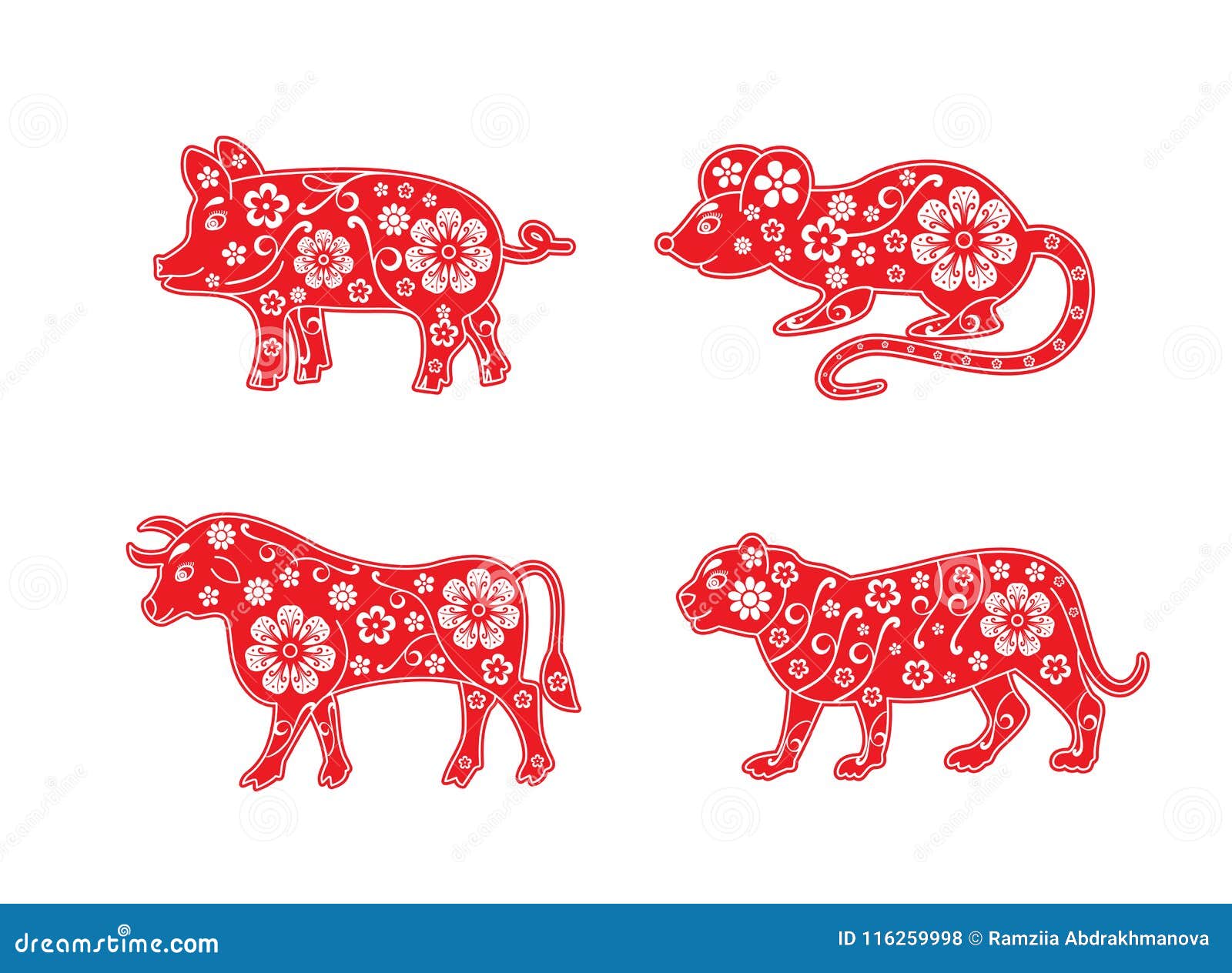 Pig, Rat, Bull And Tiger, Mouse, Cow. Chinese Horoscope Animal Set 2019, 2020, 2021 ...