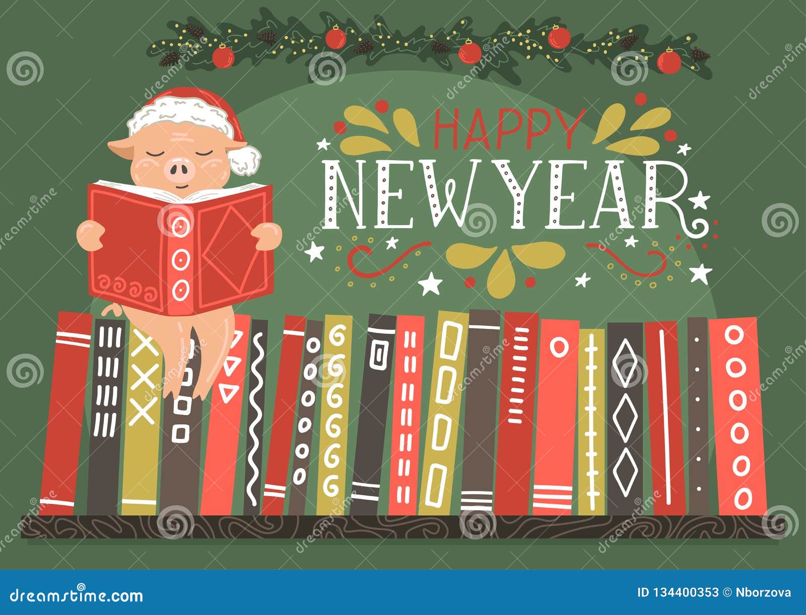 Pig in red hat reading book on bookshelf with lettering `Happy New Year`.